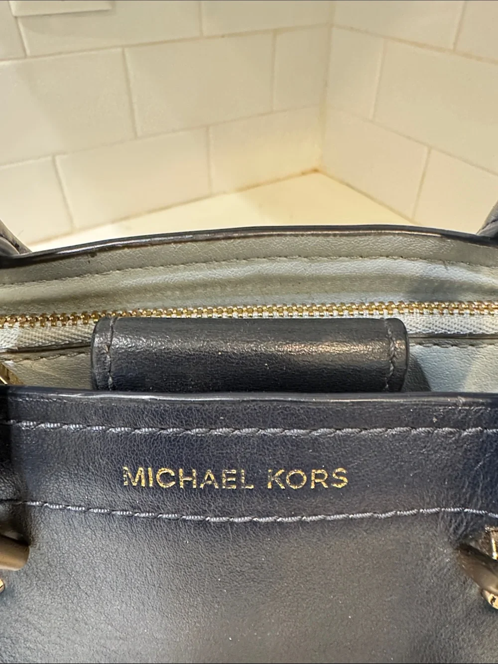 Michael Kors Navy Leather Satchel with Gold Hardware